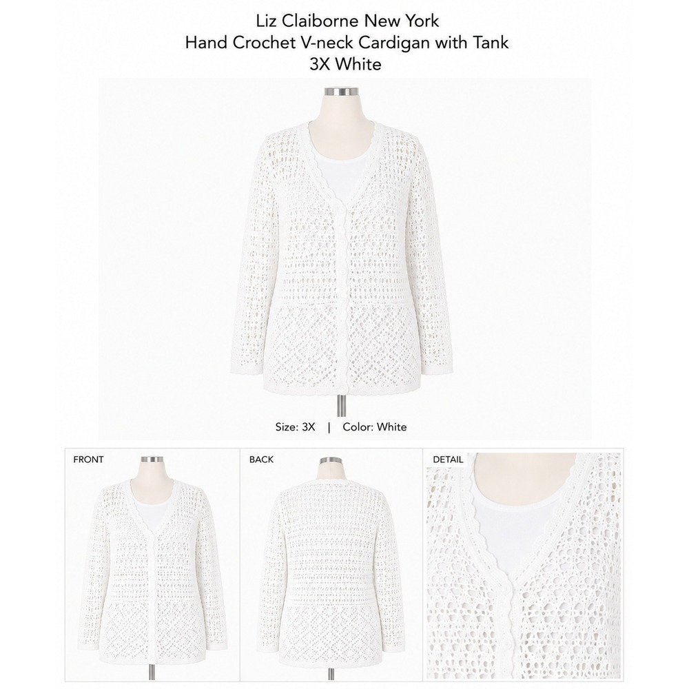 Liz Claiborne‎ New York Hand Crochet V-neck Cardigan with Tank 3X White Set